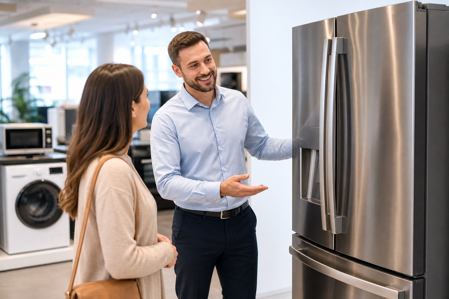 Sales advisor helping a customer choose a refrigerator
